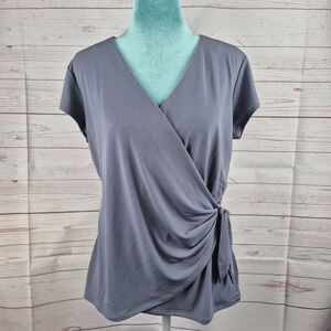 Tahari Faux Wrap Stretch Side Tie Blouse Size Medium Steel Blue Coquette Office